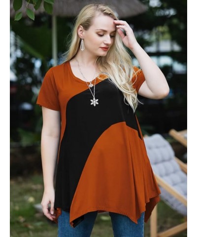 Plus Size Tops for Women V Neck Summer Shirt Short Sleeve Blouses Patchwork Tunics Darkorange/Black $10.44 Tops