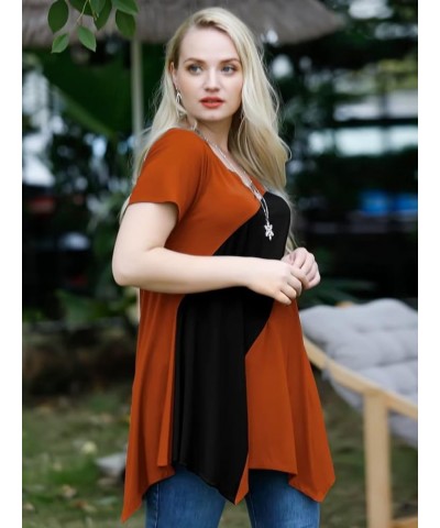 Plus Size Tops for Women V Neck Summer Shirt Short Sleeve Blouses Patchwork Tunics Darkorange/Black $10.44 Tops