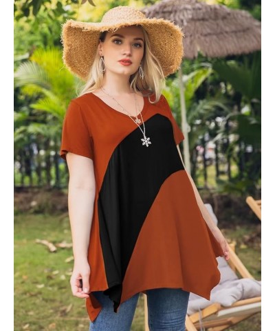 Plus Size Tops for Women V Neck Summer Shirt Short Sleeve Blouses Patchwork Tunics Darkorange/Black $10.44 Tops