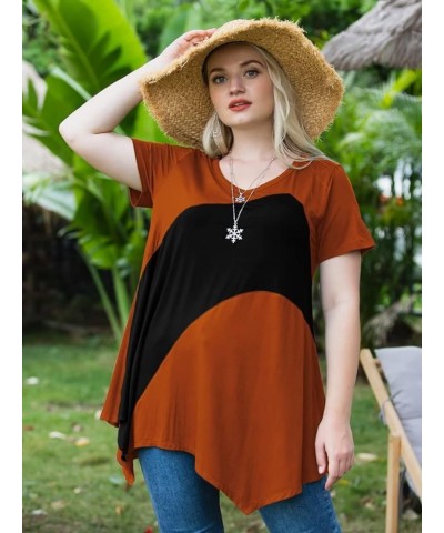 Plus Size Tops for Women V Neck Summer Shirt Short Sleeve Blouses Patchwork Tunics Darkorange/Black $10.44 Tops