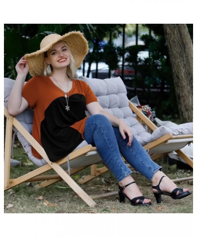 Plus Size Tops for Women V Neck Summer Shirt Short Sleeve Blouses Patchwork Tunics Darkorange/Black $10.44 Tops