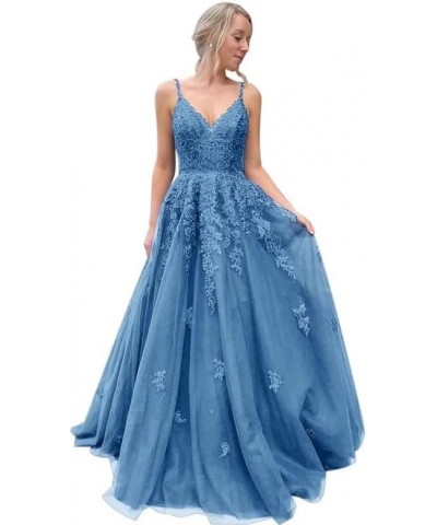 Tulle Prom Dress Long V Neck Lace Applique Spaghetti Straps Evening Dress A Line Formal Ball Gowns for Women Dusty Blue $43.1...