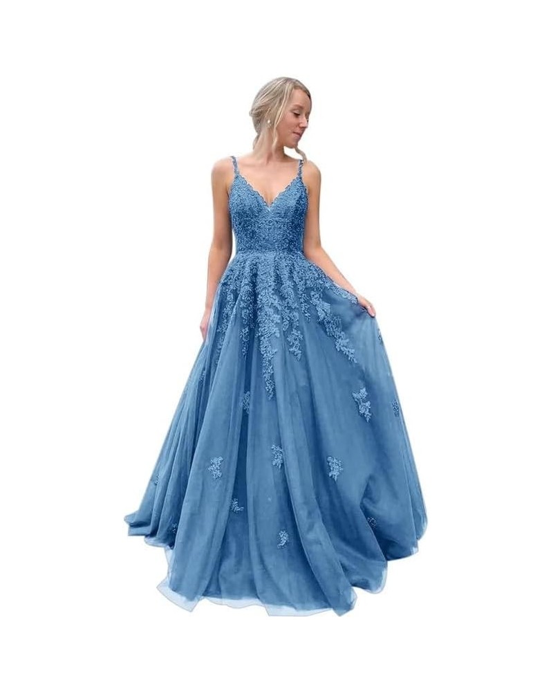 Tulle Prom Dress Long V Neck Lace Applique Spaghetti Straps Evening Dress A Line Formal Ball Gowns for Women Dusty Blue $43.1...