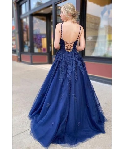 Tulle Prom Dress Long V Neck Lace Applique Spaghetti Straps Evening Dress A Line Formal Ball Gowns for Women Dusty Blue $43.1...