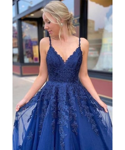 Tulle Prom Dress Long V Neck Lace Applique Spaghetti Straps Evening Dress A Line Formal Ball Gowns for Women Dusty Blue $43.1...