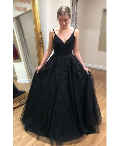 Tulle Prom Dress Long V Neck Lace Applique Spaghetti Straps Evening Dress A Line Formal Ball Gowns for Women Dusty Blue $43.1...