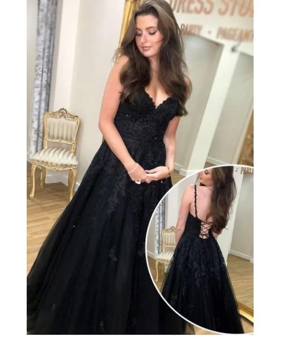 Tulle Prom Dress Long V Neck Lace Applique Spaghetti Straps Evening Dress A Line Formal Ball Gowns for Women Dusty Blue $43.1...