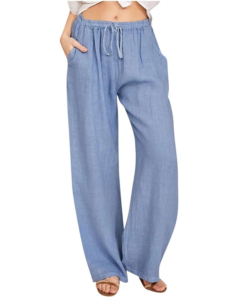 Casual Linen Pants for Women Wide Leg Baggy Flowy Beach Trousers Summer Elastic High Waisted Palazzo Pants 01 Light Blue $4.4...