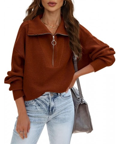 Women's Half Zip Pullover Sweater Balloon Long Sleeve V Neck Collar Oversized Knit Fall Winter Tops Caramel $17.60 Sweaters