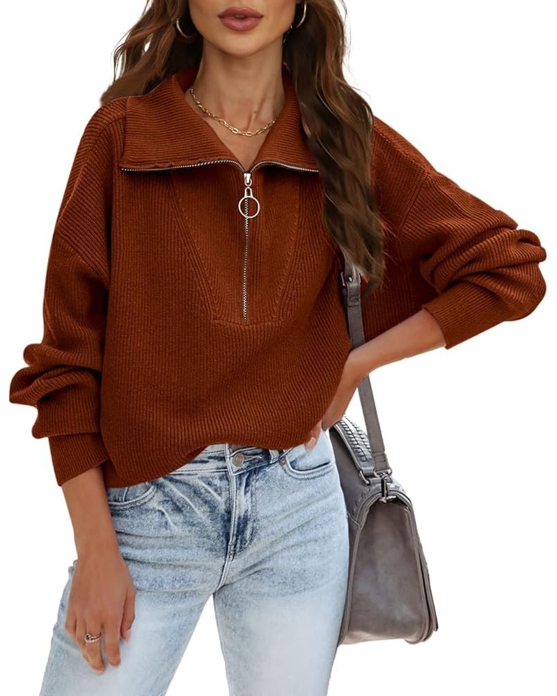 Women's Half Zip Pullover Sweater Balloon Long Sleeve V Neck Collar Oversized Knit Fall Winter Tops Caramel $17.60 Sweaters