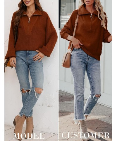 Women's Half Zip Pullover Sweater Balloon Long Sleeve V Neck Collar Oversized Knit Fall Winter Tops Caramel $17.60 Sweaters