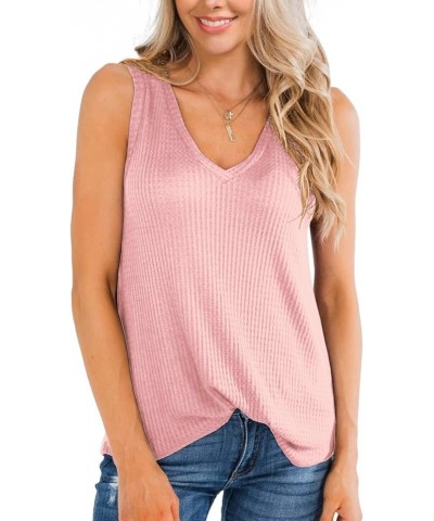 Womens Waffle Knit V Neck Tank Tops Summer Casual Sleeveless Shirts Loose Blouses 06 Pink $12.47 Tanks