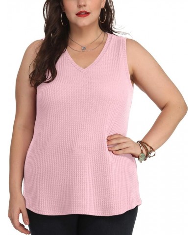 Womens Waffle Knit V Neck Tank Tops Summer Casual Sleeveless Shirts Loose Blouses 06 Pink $12.47 Tanks