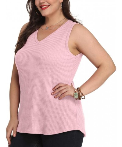 Womens Waffle Knit V Neck Tank Tops Summer Casual Sleeveless Shirts Loose Blouses 06 Pink $12.47 Tanks