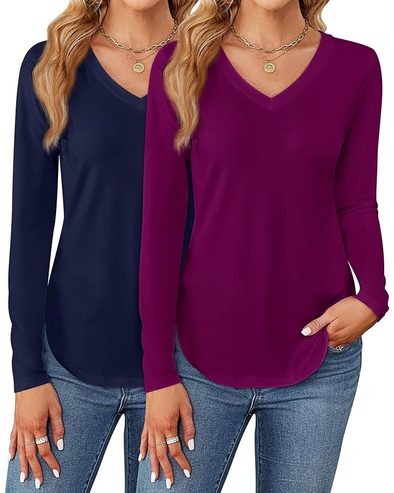 2 Pack Women's V Neck T Shirts, Short or Long Sleeve Tunic Tops Causal Summer Basic Shirts Solid Hem Tee Blouses Navy Blue, F...