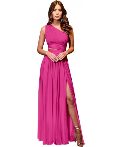 One Shoulder Bridesmaid Dresses for Wedding 2024 Chiffon High Slit Long Formal Prom Dress with Pockets Hot Pink $29.69 Dresses