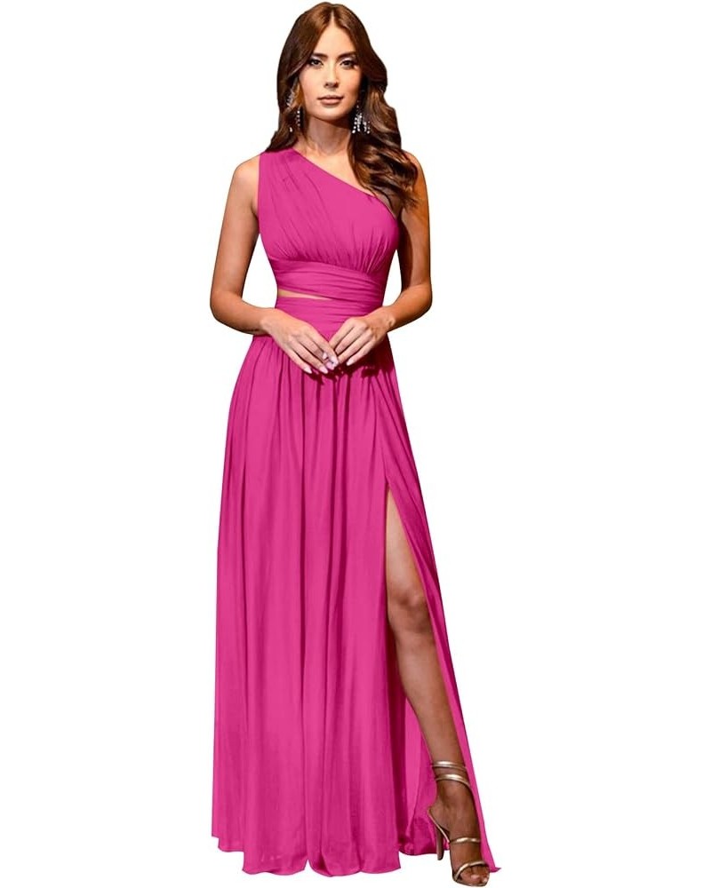 One Shoulder Bridesmaid Dresses for Wedding 2024 Chiffon High Slit Long Formal Prom Dress with Pockets Hot Pink $29.69 Dresses