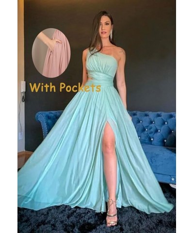 One Shoulder Bridesmaid Dresses for Wedding 2024 Chiffon High Slit Long Formal Prom Dress with Pockets Hot Pink $29.69 Dresses