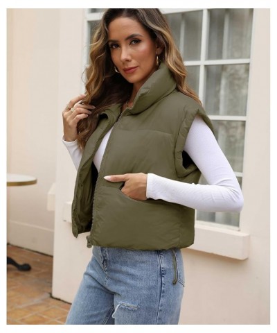 Women's Winter Cropped Puffer Vest Lightweight Zip Up Sleeveless Warm Puffy Vests Padded Gilet Outwears with Pockets Army Gre...