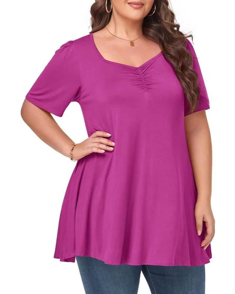 Womens Plus Size Tops Casual Square Neck Puff Sleeve Shirts Loose Fit Summer Blouses Cc-fushia $13.67 Tops