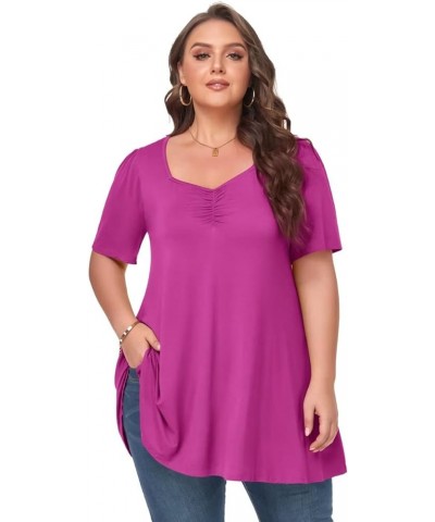 Womens Plus Size Tops Casual Square Neck Puff Sleeve Shirts Loose Fit Summer Blouses Cc-fushia $13.67 Tops