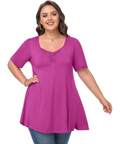 Womens Plus Size Tops Casual Square Neck Puff Sleeve Shirts Loose Fit Summer Blouses Cc-fushia $13.67 Tops