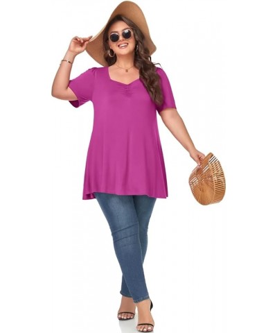 Womens Plus Size Tops Casual Square Neck Puff Sleeve Shirts Loose Fit Summer Blouses Cc-fushia $13.67 Tops