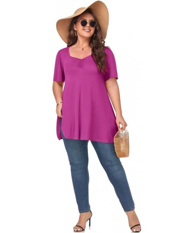 Womens Plus Size Tops Casual Square Neck Puff Sleeve Shirts Loose Fit Summer Blouses Cc-fushia $13.67 Tops