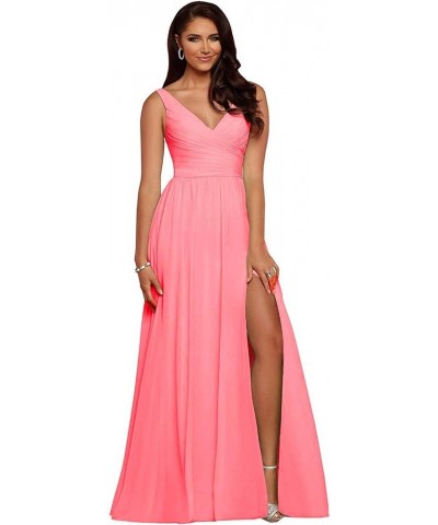 V Neck Bridesmaid Dresses for Wedding 2024 Long Pleated Chiffon Slit Prom Formal Gowns Coral $39.00 Dresses