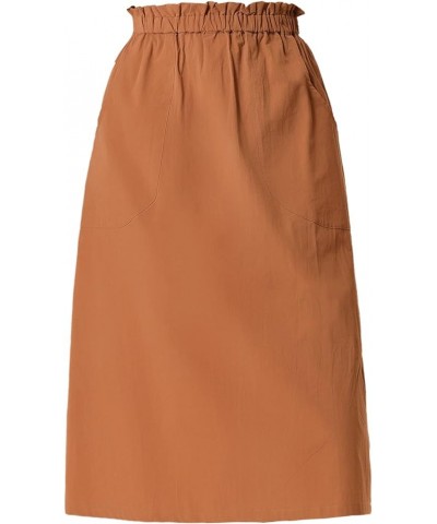 Women's Casual Cotton Skirt Elastic Waist Scrub Peasant A-Line Midi Skirts with Pockets Brown $16.56 Skirts