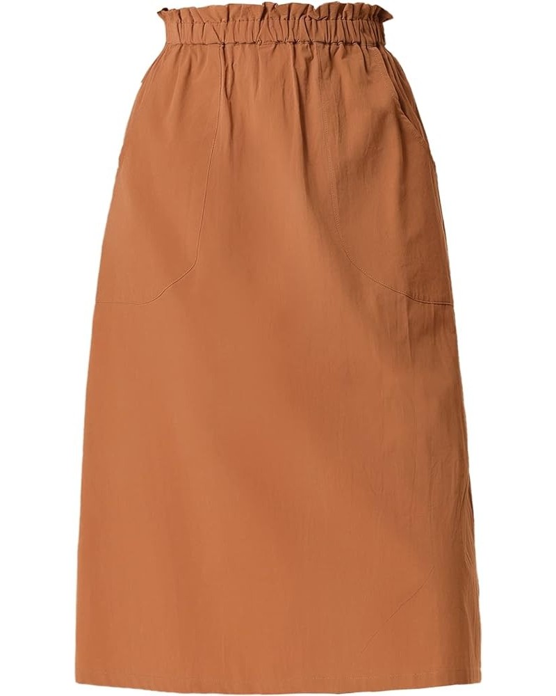 Women's Casual Cotton Skirt Elastic Waist Scrub Peasant A-Line Midi Skirts with Pockets Brown $16.56 Skirts