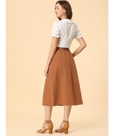 Women's Casual Cotton Skirt Elastic Waist Scrub Peasant A-Line Midi Skirts with Pockets Brown $16.56 Skirts