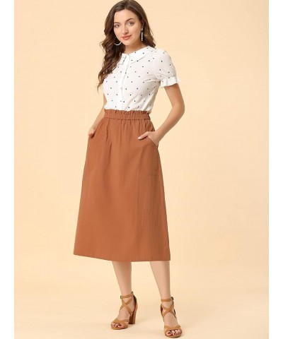 Women's Casual Cotton Skirt Elastic Waist Scrub Peasant A-Line Midi Skirts with Pockets Brown $16.56 Skirts