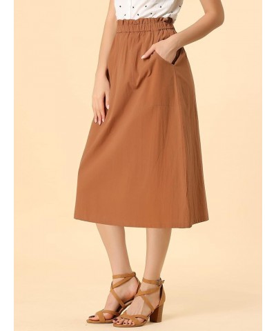 Women's Casual Cotton Skirt Elastic Waist Scrub Peasant A-Line Midi Skirts with Pockets Brown $16.56 Skirts