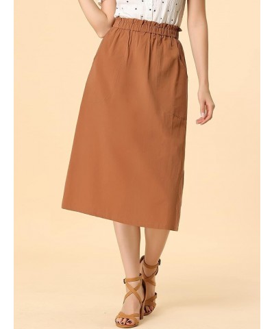 Women's Casual Cotton Skirt Elastic Waist Scrub Peasant A-Line Midi Skirts with Pockets Brown $16.56 Skirts