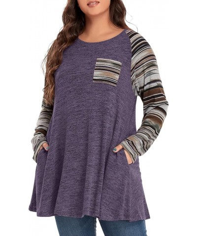 Long Sleeve Raglan Plus Size Tunic Tops for Women Color Block Knit Pullover Fall Shirts with Pockets 01- Purple $12.80 Tops