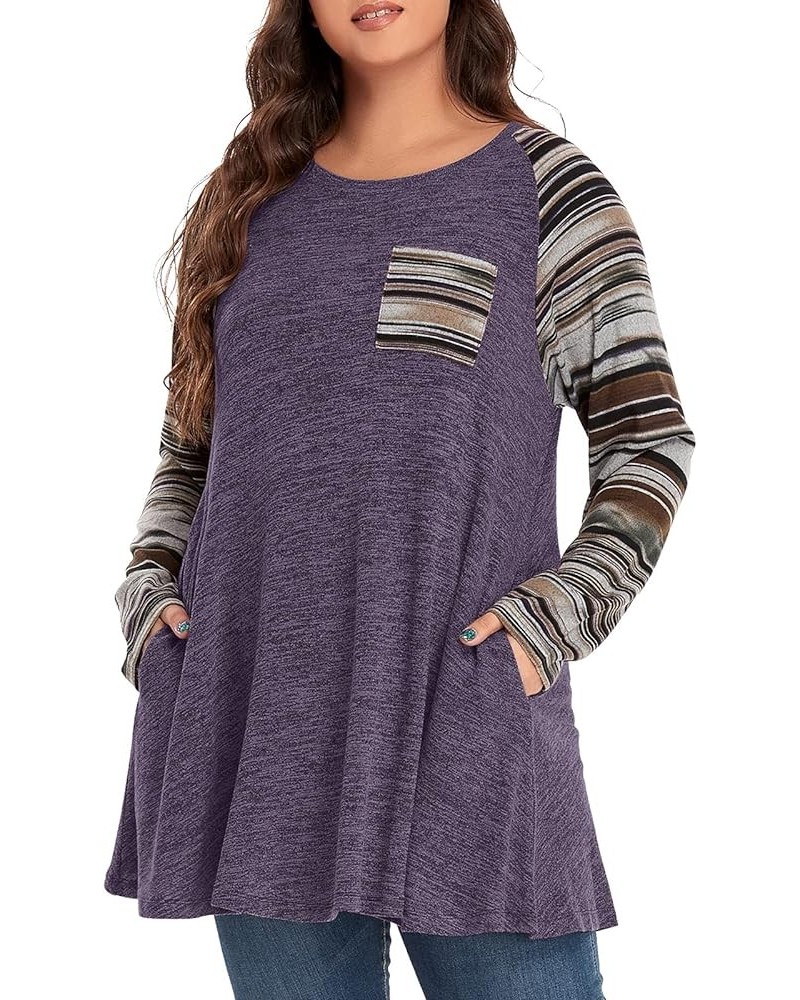 Long Sleeve Raglan Plus Size Tunic Tops for Women Color Block Knit Pullover Fall Shirts with Pockets 01- Purple $12.80 Tops