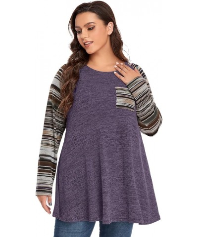 Long Sleeve Raglan Plus Size Tunic Tops for Women Color Block Knit Pullover Fall Shirts with Pockets 01- Purple $12.80 Tops