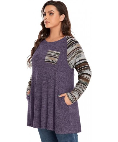 Long Sleeve Raglan Plus Size Tunic Tops for Women Color Block Knit Pullover Fall Shirts with Pockets 01- Purple $12.80 Tops