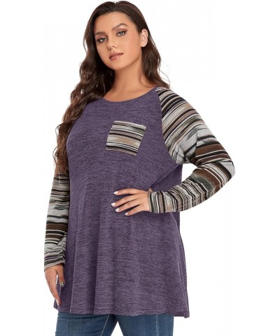 Long Sleeve Raglan Plus Size Tunic Tops for Women Color Block Knit Pullover Fall Shirts with Pockets 01- Purple $12.80 Tops