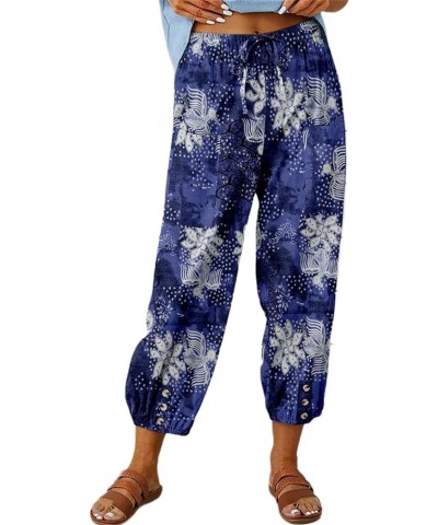 Women's Summer Linen Pants High Waisted Drawstring Printed Bohemian Capris Trousers Blue $14.02 Pants