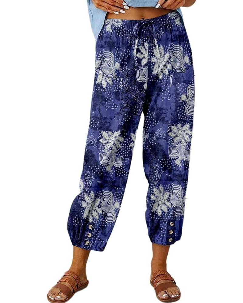 Women's Summer Linen Pants High Waisted Drawstring Printed Bohemian Capris Trousers Blue $14.02 Pants