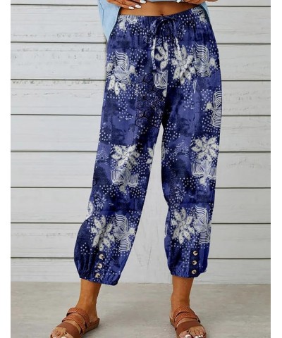 Women's Summer Linen Pants High Waisted Drawstring Printed Bohemian Capris Trousers Blue $14.02 Pants