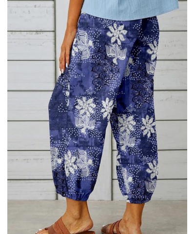 Women's Summer Linen Pants High Waisted Drawstring Printed Bohemian Capris Trousers Blue $14.02 Pants