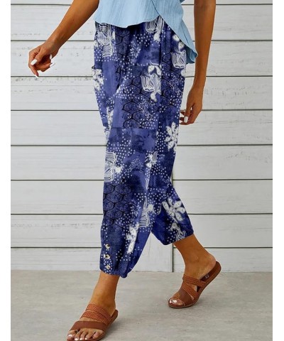 Women's Summer Linen Pants High Waisted Drawstring Printed Bohemian Capris Trousers Blue $14.02 Pants