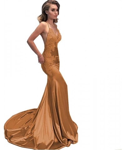 Women's Lace Appliques Mermaid Long Train Prom Dresses Open Back Evening Gowns Gold $44.59 Dresses