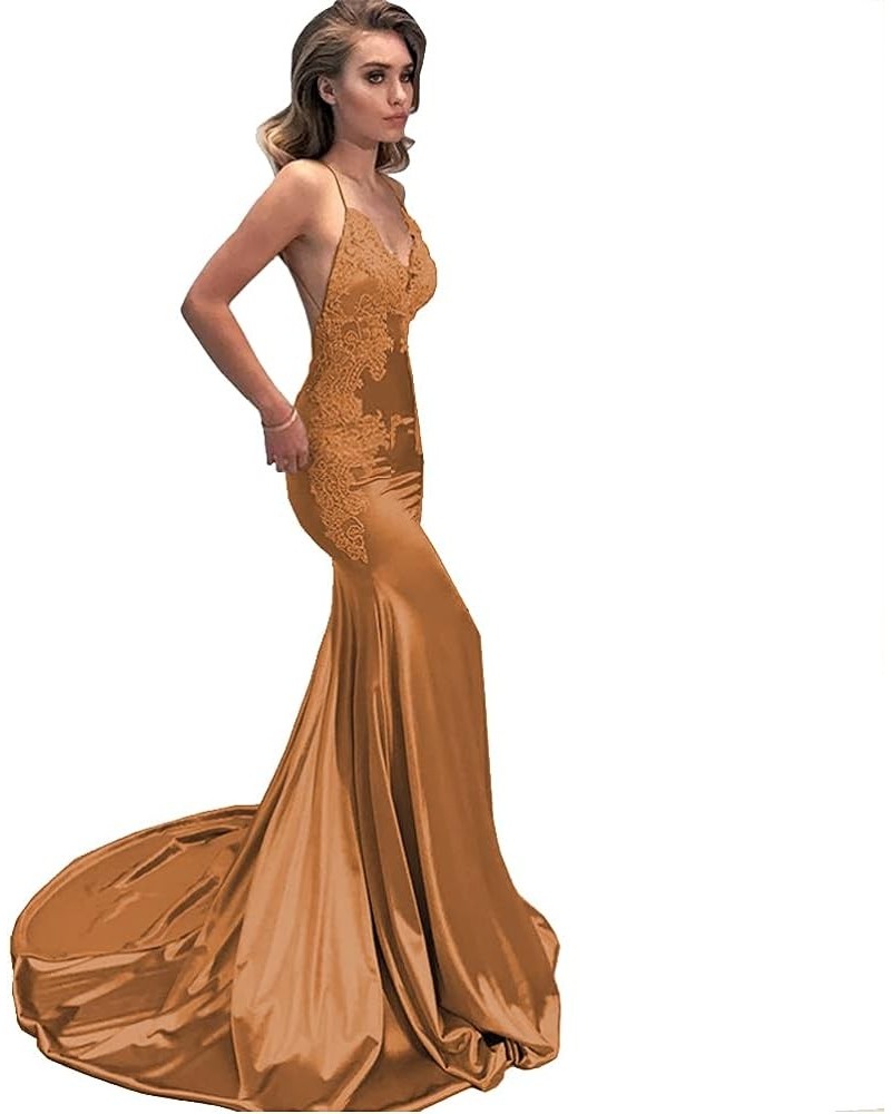 Women's Lace Appliques Mermaid Long Train Prom Dresses Open Back Evening Gowns Gold $44.59 Dresses