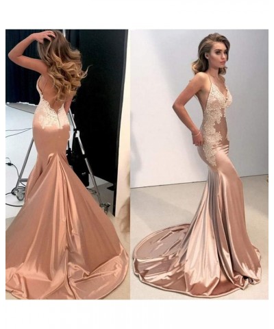 Women's Lace Appliques Mermaid Long Train Prom Dresses Open Back Evening Gowns Gold $44.59 Dresses