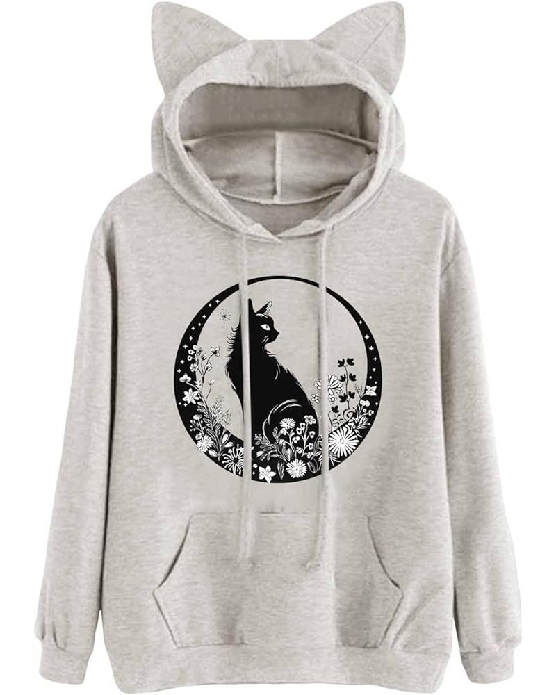 Women Oversized Hoodies Casual Sweatshirts Autumn Winter Cat Printed Long Sleeve Streetwear with Pocket H-beige $9.43 Hoodies...