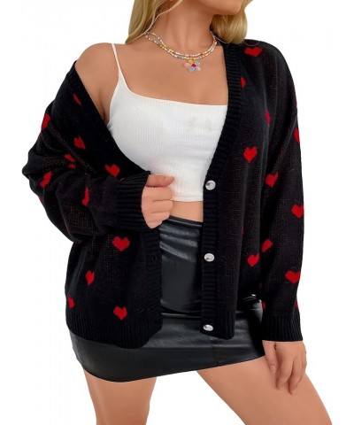 Women's Plus Size Heart Print Long Sleeve Drop Shoulder Button Front Cute Cardigan Sweater Coat Black $22.43 Sweaters